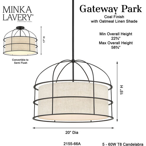Gateway Park 5 Light 20 inch Coal Convertible Pendant / Semi Flush Ceiling Light